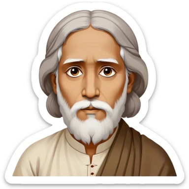 Rabindranath Tagore – Cinematic Realistic Portrait of Rabindranath Tagore, depicted with thoughtful, soulful eyes and gentle features, dressed in traditional Bengali attire with subtle artistic motifs, bathed in warm, soft lighting that evokes his poetic genius and timeless wisdom. sticker