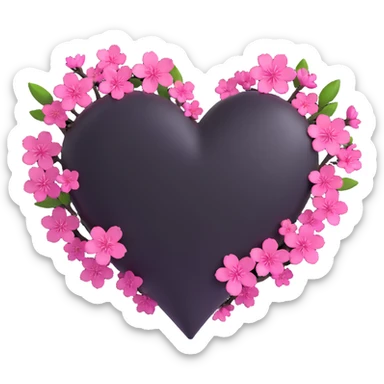 goth sakura heart, black heart with sakura branch wrapped around, magenta blossoms, smooth and playful sticker