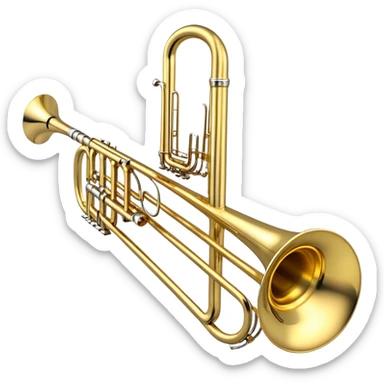 Create a sleek and professional emoji representing the Brahner TB-420 Bb/F tenor trombone. The design should feature the smooth, shiny brass body of the trombone with its distinct curved tubing and large bell. Highlight the tuning slide and the mouthpiece at the top of the instrument. The brass finish should be polished and reflective, with silver accents on the mouthpiece and tuning slide. Add subtle musical notes or soundwaves floating around the trombone to evoke its bold, brassy sound. Use golden and brass tones for the trombone with light reflections to emphasize its high-quality craftsmanship. The background should be transparent. sticker