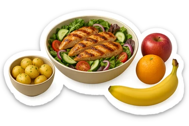 insalate con petto di pollo grigliato e bowl di patate cotte poggiate per terra e frutta fresca, iperrealistico 4k sticker