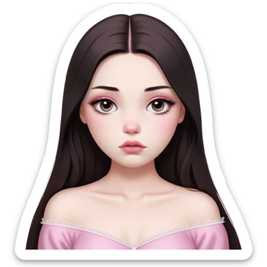 girl with white skin, dark brown long realistic straight hair with middle part prominently falling in front of her body over her shoulders, very big pouty extra shiny lips with absolutely no cupid's bow, big round shiny eyes with black eyeballs and huge eyelashes, no eyeshadow, pink blush on cheeks, lighter button nose, extremely long oval-shaped face, wearing a pink off-shoulder top, looking directly at camera with hands down at sides sticker