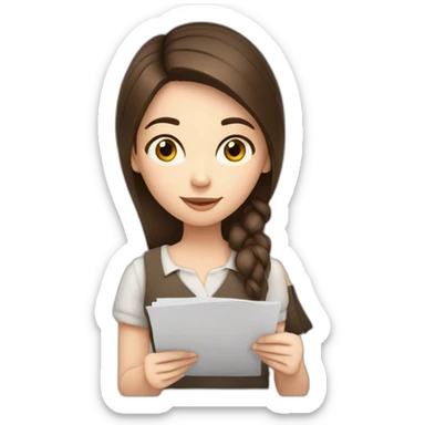 a white skin, brunette haired girl, she is writing on a paper holding a pencil sticker