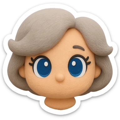 Make the hair slightly more voluminous and add cartoon-style eyes, keep soft fleece texture, pure silver grey hair, 1940s bob, cute plush-style eyelashes, vibrant blue eyes, no neck, no body, no mouth, no white border, transparent background. The style should be soft fleece texture with a cute plush look. sticker