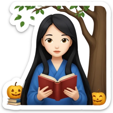 Beautiful Asian girl with long black hair reading book cozy aesthetic sticker