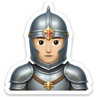 Clash of Clans aesthetic: Cinematic heroic Armored Knight Hero close up Emoji, rendered in a 3D vector-style similar to standard emojis with minimal shading and bold, simplified shapes. A compact, isometric warrior clad in gleaming plate armor with intricate heraldic details, softly glowing with a chivalrous medieval charm. Simplified yet unmistakably iconic, highly detailed and consistent, glowing with a soft radiant shine and high polish. Stylized with a touch of noble valor and a soft glowing outline, wearing a full face helm so that no face is visible with only eyes visible, capturing the essence of a gallant knight ready for honorable battle with a friendly, playful manner! sticker