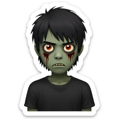 Boy, zombie, black hair, medium long, emo, shaggy, dark, spooky, creepy expression, fringe approximately to the eyebrows height, with Black t-shirt  sticker