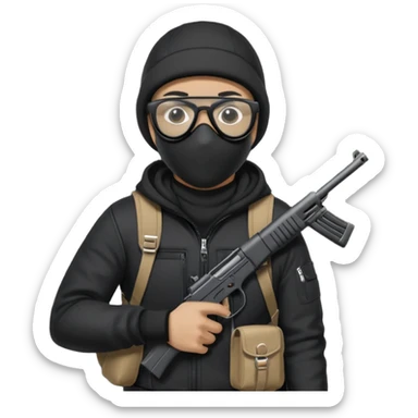 YN wearing a ski mask, holding a gun, all black fit, black jeans, Sprayground bookbag, confident stance with glasses sticker
