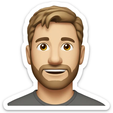 A head and shoulders shot of a 32 year old caucasian man, with short brown hair, with stubble facial hair,   with brown eyes wearing a t-shirt. sticker