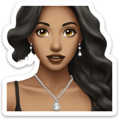 beautiful brunette girl with smooth skin long black hair beige lipstick wearing low neck black dress with a diamond necklace sticker