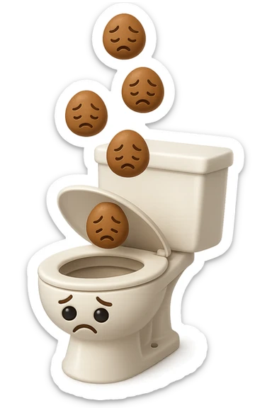 EMOJI STILE IPHONE 3D DI un water con palline di cacca tristi che cadono dall'alto verticalmente, iperrealistico 4k sticker