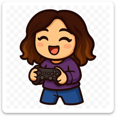 Sticker style chibi emote, matching the attached green heart emote as a base. Woman from reference, purple sweater and blue jeans, holding a game controller in a gaming pose, cute excited face, no headband, no wand, transparent background. Top color should not match jeans. sticker