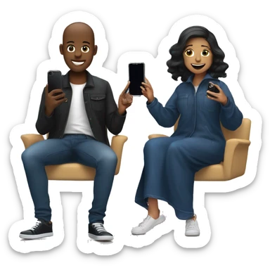 Make me an emoji of two besties sitting next to each other: one in a navy abaya looking a bit annoyed, and the other in jeans and a black jacket, smiling and holding up a phone for a selfie sticker