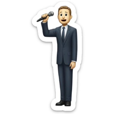 tim robinson in suit singing into microphone stand holding stand (full body, ios17, somber) sticker