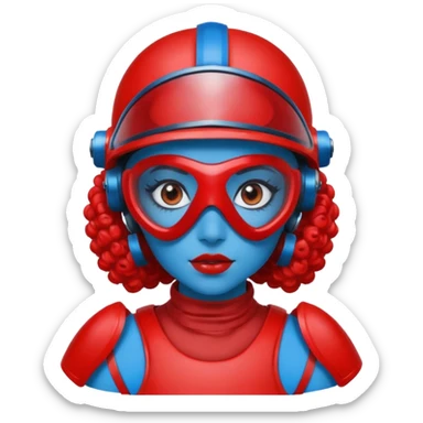 blue curly haired girl with huge earrings wearing red paintball helmet with eye protection, only face  sticker
