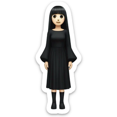  one single goth women full body, wearing long big bell arms, black dress, long hair with bangs, white skin, dark hair,  sticker