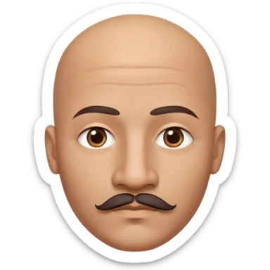 Bald man with oval smooth head, indigenous facial features, 37 years old, with only a mustache and contour from chin to lips, memoji style sticker