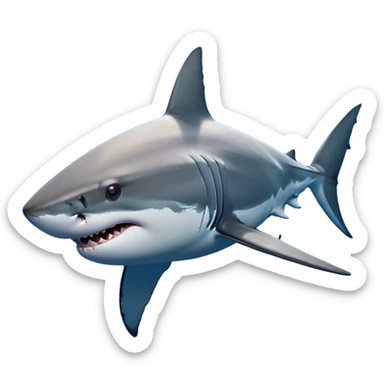 Cinematic Noble Great White Shark Portrait Emoji, Poised and regal, with a robust, torpedo-shaped body, a pointed snout, a gleaming white underbelly contrasting with a slate gray dorsal surface, and piercing, intense eyes scanning deep blue waters, Simplified yet sharp and sophisticated features, highly detailed, glowing with a cool, oceanic luminescence, high shine, intelligent and commanding, stylized with an air of marine authority, focused and vigilant, soft glowing outline, capturing the essence of a watchful and confident predator that appears ready to surge out of the screen with effortless power! sticker