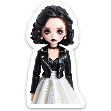 Chucky's bride doll with black lipstick, black dress, leather jacket, smoky eye makeup sticker