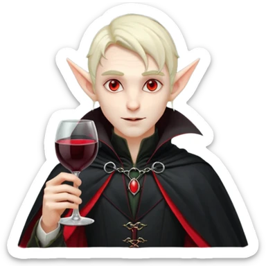 male elf vampire emoji, pale skin, red glowing eyes, long pointed ears, black high-collared cloak with red lining, holding a wine glass filled with red liquid, elegant Halloween fantasy look, smooth Apple emoji style, clean white background, square image sticker