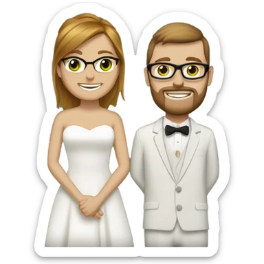 wedding between woman with short brown mullet, green eyes, and slightly olive skintone, and broad man one foot taller with medium length reddish blonde hair, facial hair, and square framed glasses sticker