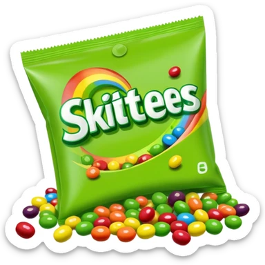 A colorful Skittles candy pack with green candies spilling out. Minimalist design with bright rainbow colors on the package and only green Skittles candies. sticker