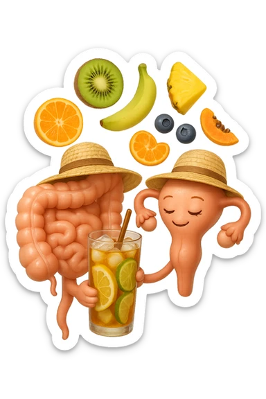 EMOJI STILE IPHONE DI INTESTINO E UTERO UMANI REALISTICI CON CAPPELLO DI PAGLIA DA SPIAGGIA CHE BEVE UN Tè FREDDO IN BICCHIERE DI VETRO CON DENTRO  fette di cetriolo, limone, lime, DIETRO L'INTESTINO FLUTTUANO PEZZETTI DI Kiwi
Banana acerba
Arance e mandarini
Mirtilli
Ananas
Papaya
IPERREALISTICO 4K sticker