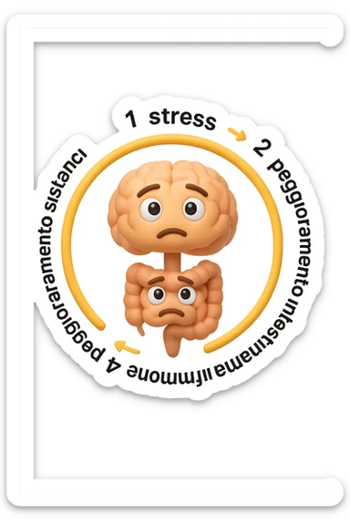 EMOJI STILE IPHONE 3D DI un cerchio con queste scritte che girano intorno in ordine per come li ho scritti "1. stress → 2. peggioramento intestinale → 3. aumento infiammazione → 4. peggioramento sintomi intestinali e sistemici." al centro del cerchio metti un cervello e intestino umani collegati verticalmente con espressione dubbiosa in volto, FALLO MOLTO REALISTICO IN 3D sticker