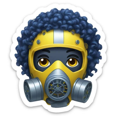 Dark Blue curly hair cyborg head with yellow respirator mask and circuitry sticker