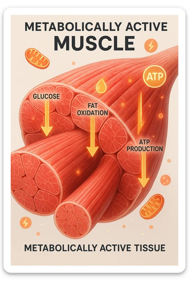 a highly detailed cross-section of human skeletal muscle fibers, shown in vibrant red and pink tones, with visible striations and realistic texture. Glowing arrows and animated icons represent active metabolic processes—such as glucose uptake, fat oxidation, and ATP production—occurring within the muscle tissue. Surrounding the muscle, floating symbols for mitochondria and energy highlight its metabolic activity. The background is clean and clinical, with subtle labels and infographics explaining that muscle is a metabolically active tissue. The overall style is modern, scientific, and visually engaging, suitable for educational or medical use. in italiano sticker