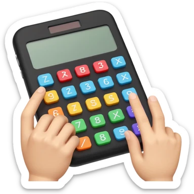 3D iPhone style emoji of a person using a calculator, finger pressing colorful buttons, digital display showing numbers, isolated on white background, soft shadows, high detail, playful and cute. sticker