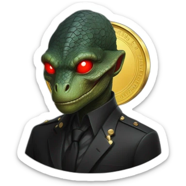 Reptilian in black suite with red laser eyes on a golden coin sticker