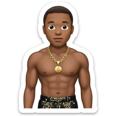 Dr Dre with dark brown hair, black sequin baggy pants, shirtless with necklace sticker