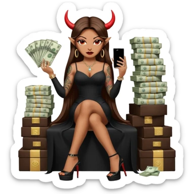 Sensual queen long brown straight haired mafia woman with black shiny platform high heels on her feet,  and black devil horns on her head, tattoos on arms , holding a stack of cash, has a phone in other hand. Sitting on a large big new model F350 pickup truck  long black dress with  slit sticker