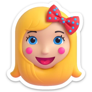 3D smiley emoji, large eyelashes, red polka dot bow, shy, downward looking eyes, blue eyes, musical notes sticker
