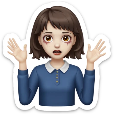 Cabelo ondulado  um pouco cheio e franja curta  Olhos marrons e pequenos e feita d ezumbi mais bonita com cabelo amarro na e com as mãos assim tipo assim🧟‍♀️ sticker