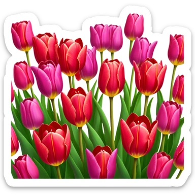 Tulips – Cinematic Realistic Tulips, depicted as a vibrant field of blooming tulips in brilliant hues, each delicate petal catching dewdrops under soft, natural spring light, rendered with detailed textures and a dreamy, picturesque glow. sticker