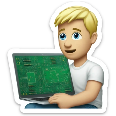 man looks 35 classes short hair, european, tech nerd love pcb designing, blond hair shorter blue eyes behind laptop with pcb in hand macbook sticker