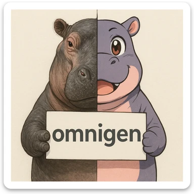 a hippo holding sign of omnigen, half picture hippo is realistic another hald is the anime of that same hippo sticker