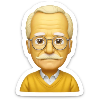 A 3D cartoon close-up of Grandpa Abe Simpson from The Simpsons, rendered in Memoji-style with bald yellow head, white tufts of hair on the sides, wrinkled face, glasses, and warm lighting. Match the Simpsons family color tone and style, yellow dress. sticker