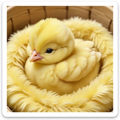 Meme-Worthy Cute Sleeping Yellow Baby Chicken Portrait Emoji, Head resting peacefully with a contented smile, showcasing a delightfully tiny build and a luxuriously soft bright yellow downy coat, eyes shut in a serene, restful nap, Simplified yet hilariously adorable features, highly detailed, glowing with a soft, drowsy light, high shine, relaxed and utterly lovable, stylized with an air of playful laziness, bright and heartwarming, soft glowing outline, capturing the essence of a comically sleepy chick, so meme-worthy it feels like it could instantly become the next viral sensation of adorable slumber! sticker