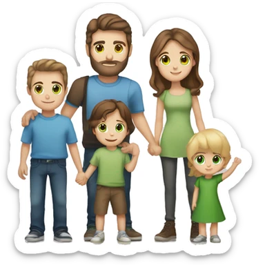 Mom with brown hair and green eyes holding a baby with brown hair and blue eyes next to tall dad with brown hair and green eyes holding hands with a young girl with blonde hair and blue eyes next to a young boy with brown hair and brown eyes  sticker