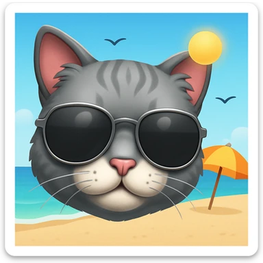 Add a sunny beach background behind the cat wearing sunglasses, in the style of apple emojis. sticker