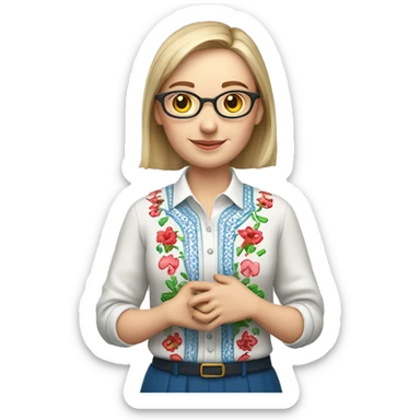 A Ukrainian teacher in an embroidered shirt holds a heart in her hands sticker