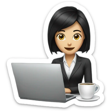 Secretary black hair computer and drinking coffee sticker