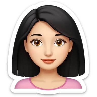 Feminine woman Softly rounded, healthy face — slightly curvy and feminine, not overweight.
Warm tan skin, brown eyes with long lashes, full glossy lips, gentle smile.
Shoulder-length black hair framing the face.
Clean, polished emoji look, soft shading, neutral background. sticker