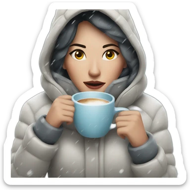 woman in a super heavy snowstorm holding a coffee cup sticker