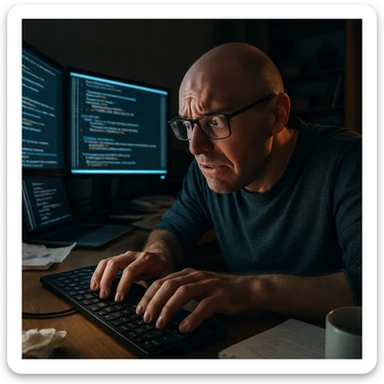 bald programmer with glasses, visibly stressed but very focused, working late night from home office, typing frenetically in front of multiple monitors illuminating his face, slightly messy environment typical of someone immersed in work, close-up on hands on keyboard sticker