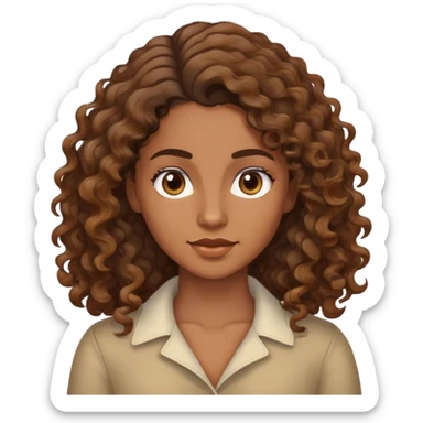 "- Nữ
- 30 tuổi
- Da nâu
- Tóc xoăn sóng lọn nhỏ nâu, dài, phồng sang bên trái
- Mặt không cười
- Đổi ngôi tóc sticker