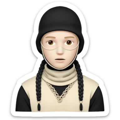 Ultra-detailed studio shot of a post-apocalyptic off-white balaclava — deconstructed, frayed, layered, with braided rope tassels and subtle embroidery. Minimalist white background, soft lighting, sharp focus. High-fashion streetwear aesthetic. The face of a person in a mask should not be visible sticker