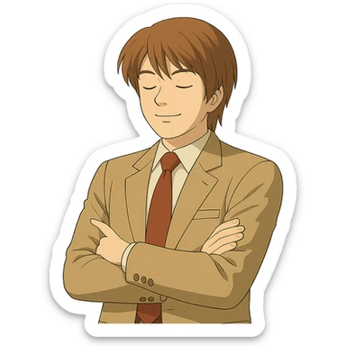 Create an exact Light Yagami in Ghibli style, standing with arms crossed and eyes closed. Keep the same suit and confident expression. Match the face, hair, and suit details exactly to the reference image. Transparent background. sticker